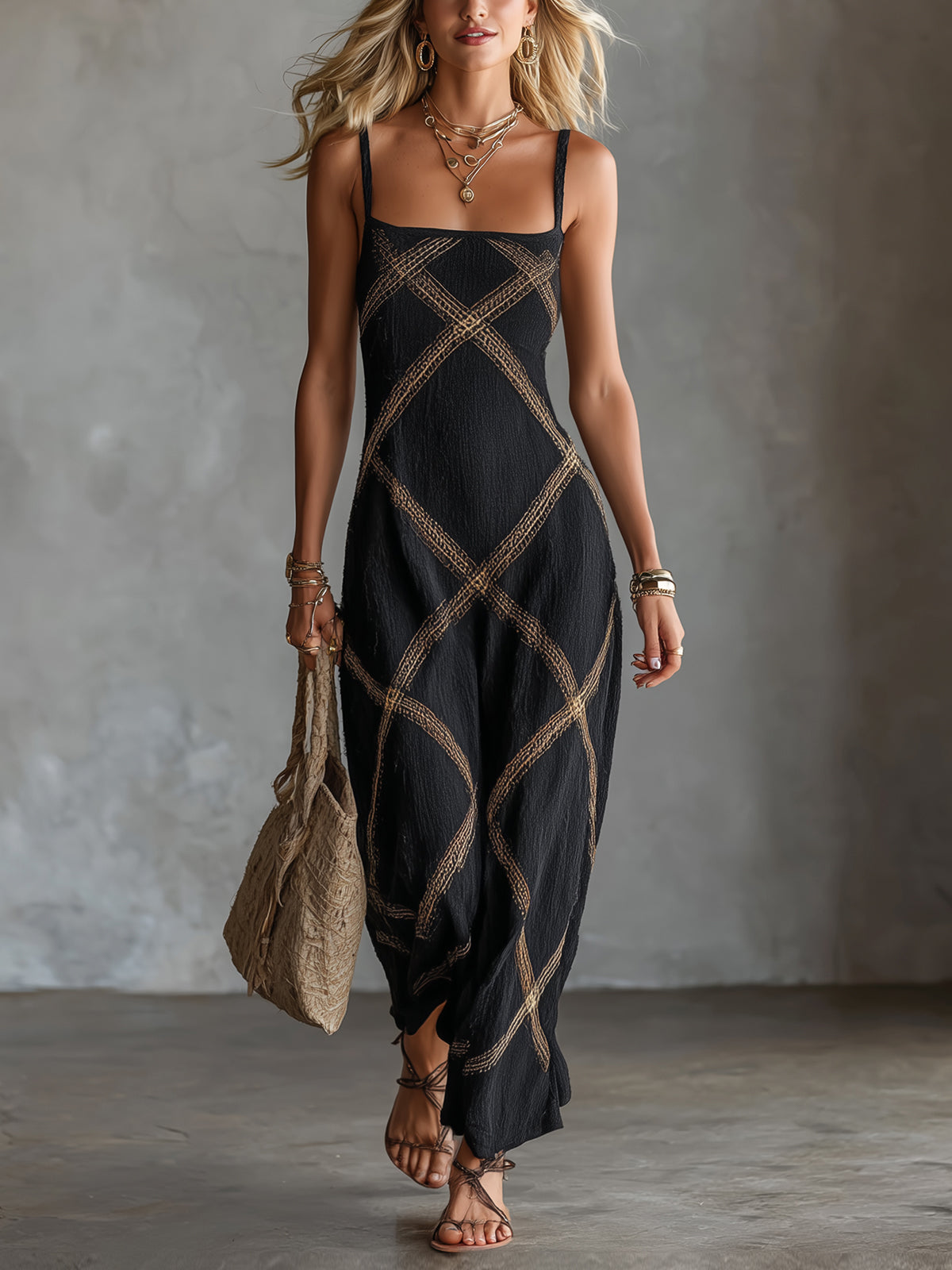 Victoria – Vestido geométrico negro y camel