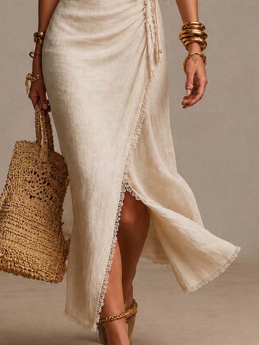 Teresa | Vestido midi de lino natural con solapa en la parte delantera, volantes y ribete de encaje.
