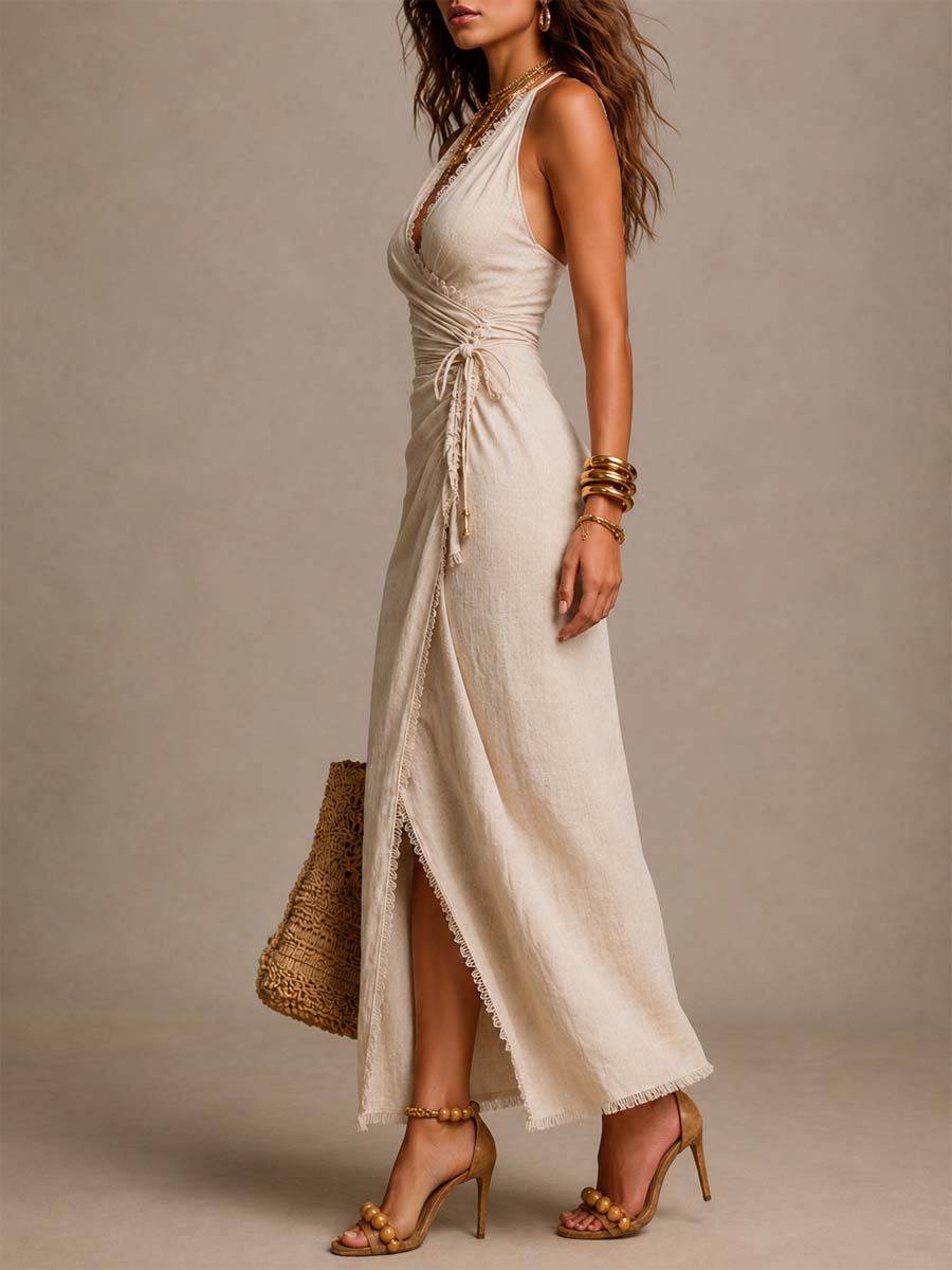Teresa | Vestido midi de lino natural con solapa en la parte delantera, volantes y ribete de encaje.