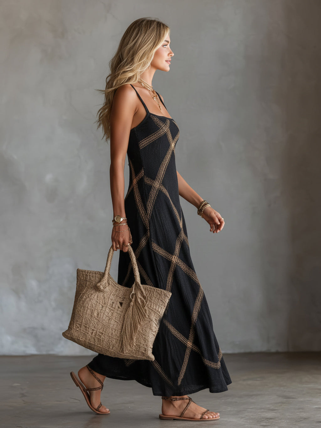 Victoria – Vestido geométrico negro y camel