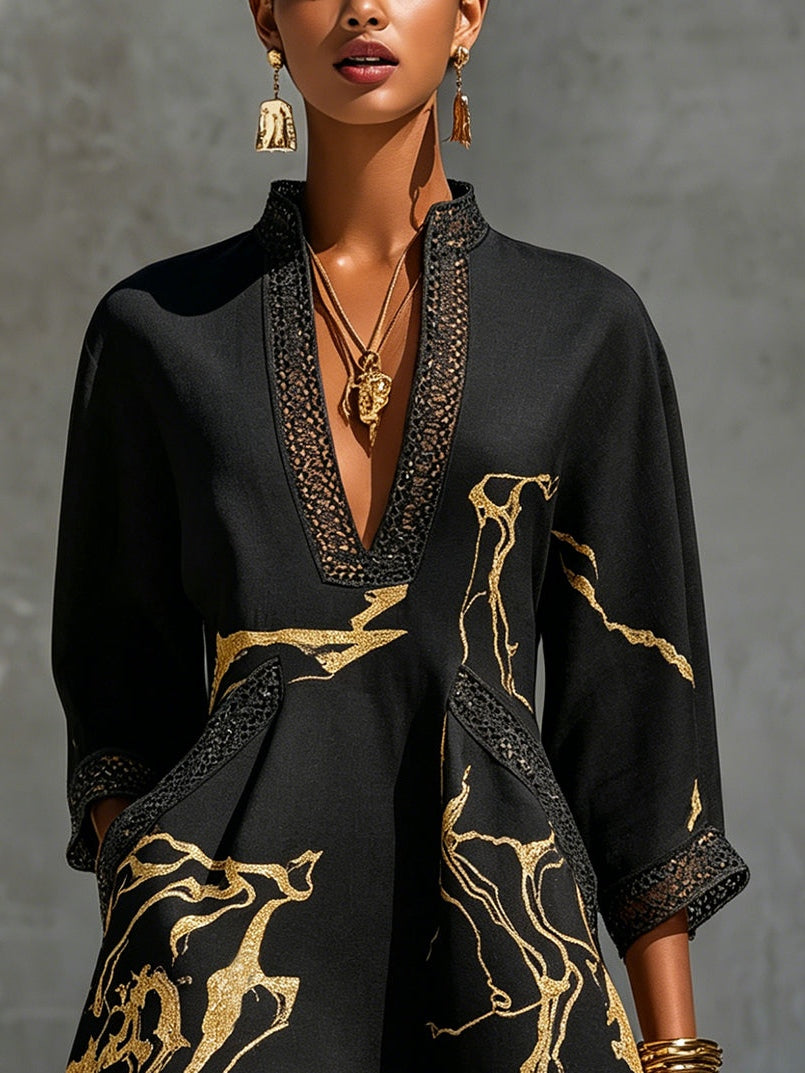 Dana | Minivestido negro con estampado de mármol dorado y encaje de ganchillo